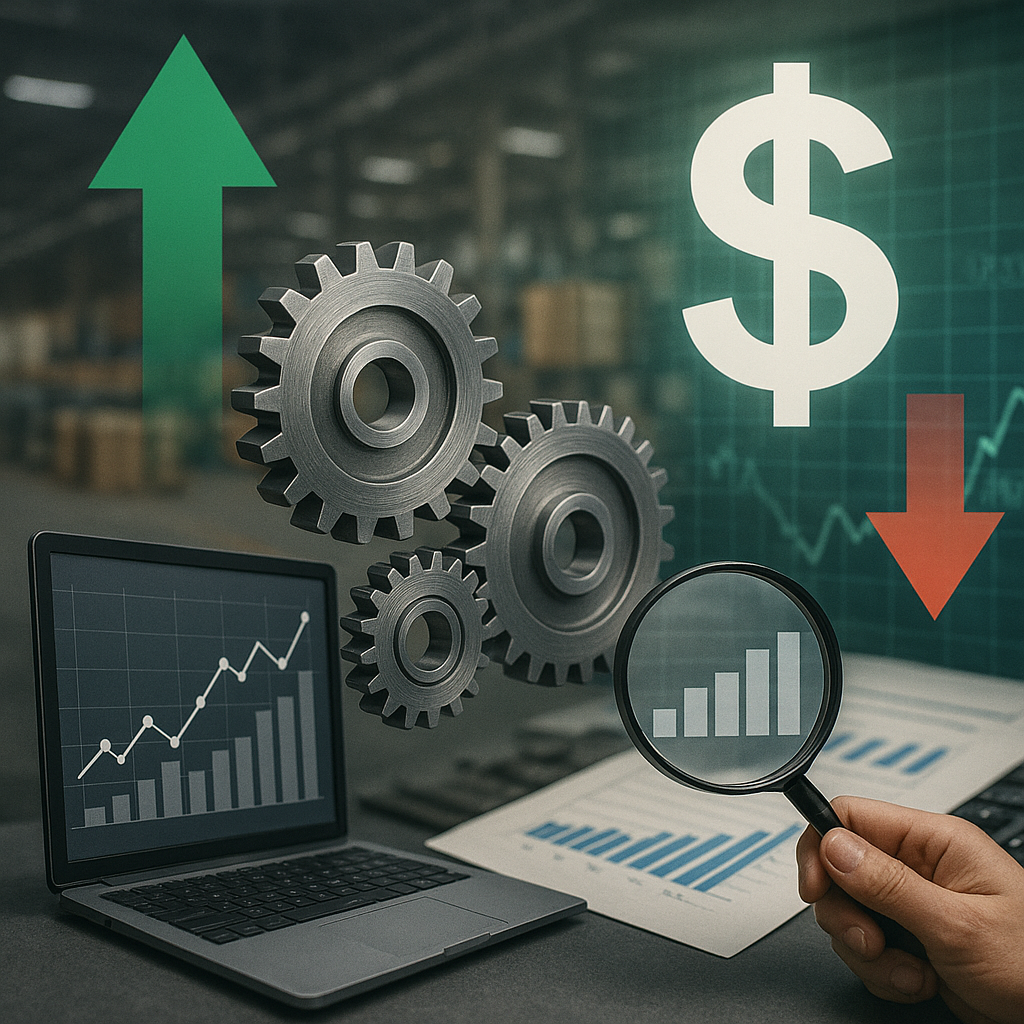 zensmart is showing A hand holds a magnifying glass over a growth chart next to a laptop showing rising graphs, gears, a dollar sign, and arrows, symbolizing winning in volatile times through sharp financial analysis and business growth. with print workflow automation