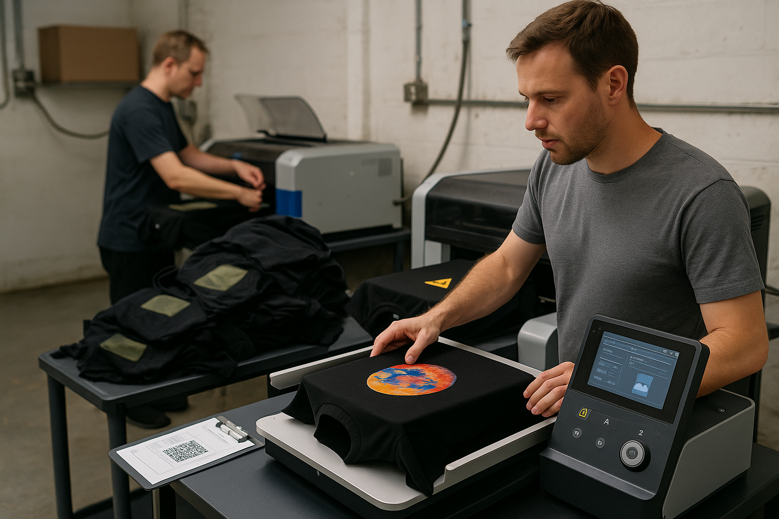zensmart is showing Two men work in a print shop; one operates a machine printing a colorful design on a black T-shirt, while the other prepares shirts beside a large printer, optimizing shift costs in the clean, industrial room. with print workflow automation