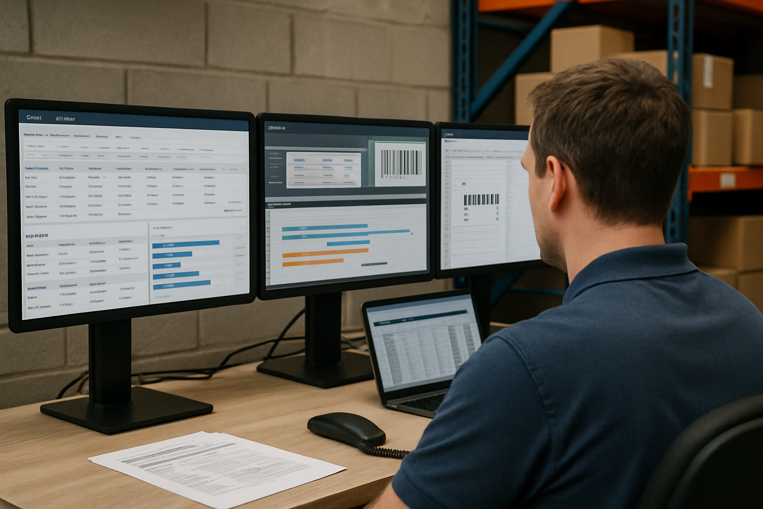 zensmart is showing A person sits at a desk in front of three monitors displaying inventory and barcode data, managing growth amid shelves and boxes, with a laptop and documents nearby—bringing order to the chaos of fragmented systems in the office. with print workflow automation
