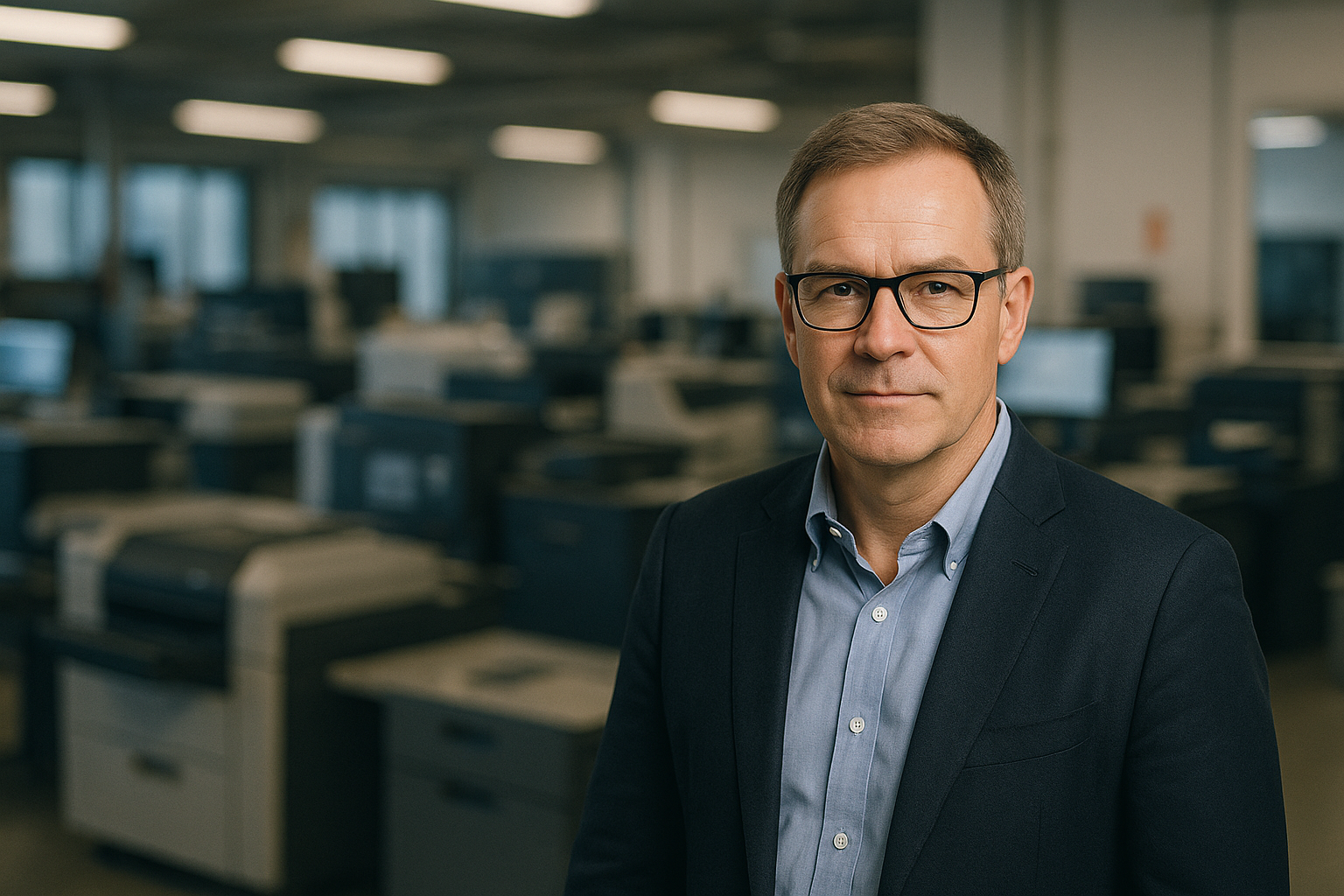 zensmart is showing A man wearing glasses and a suit stands in an office or print shop with large printers and workstations in the background, embodying building resilience as he looks directly at the camera with a neutral expression. with print workflow automation
