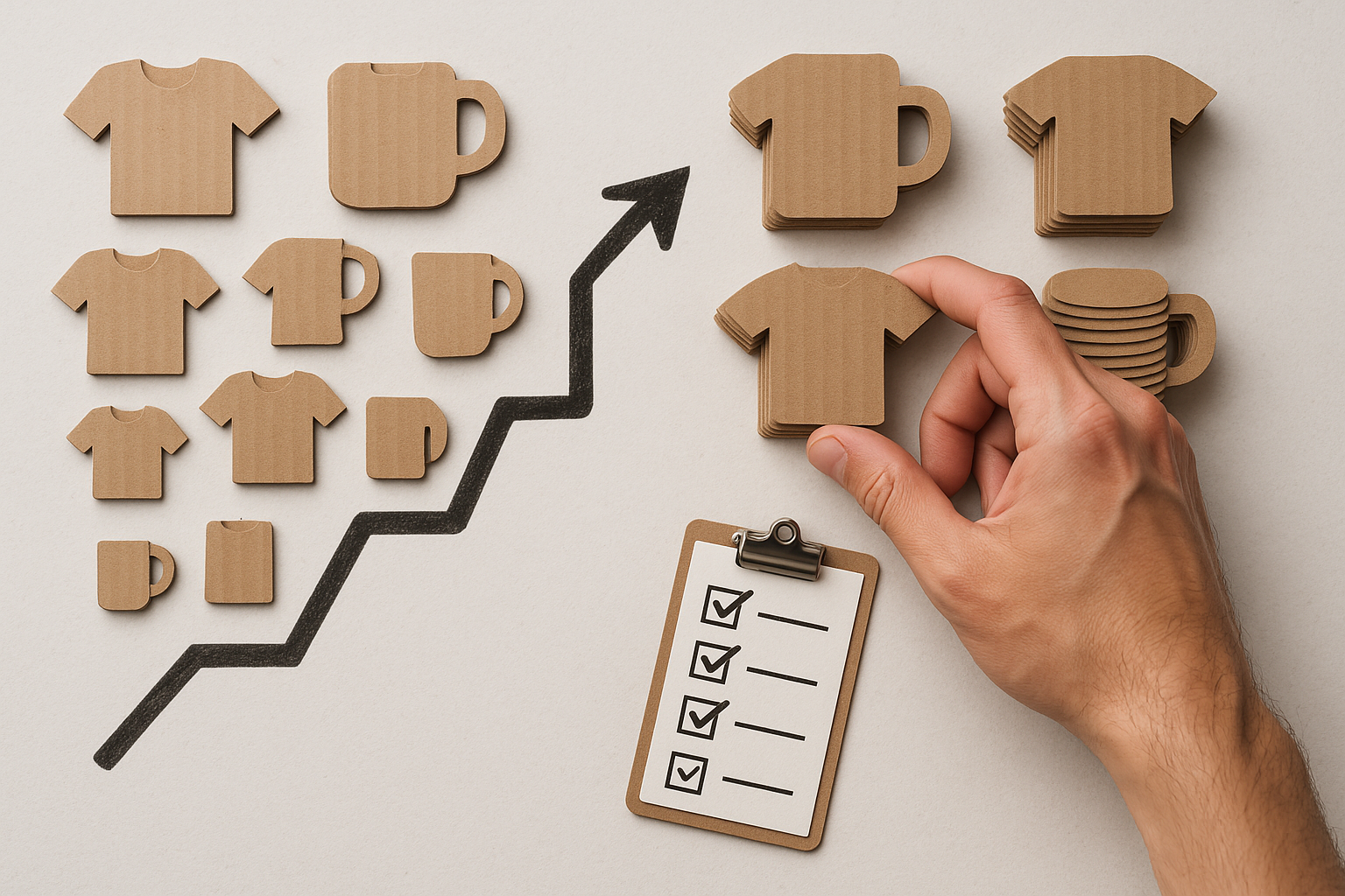 zensmart is showing A hand arranges cardboard cutouts of T-shirts and mugs above a rising arrow, with a checklist on a clipboard below, symbolizing profit growth and inventory management through standardisation. with print workflow automation