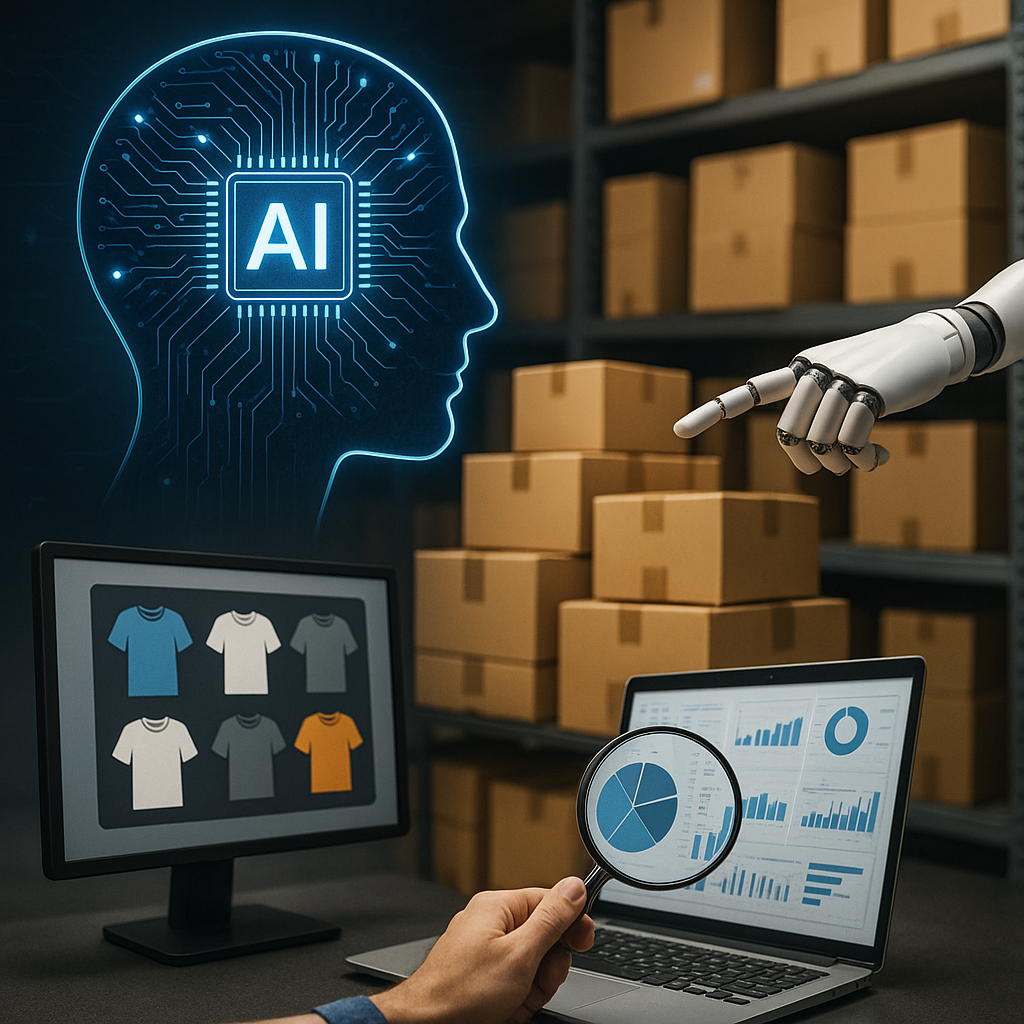 zensmart is showing A robotic hand points toward a laptop showing charts, while another holds a magnifying glass over data—illustrating AI in eCommerce. Nearby, a monitor displays shirt images and boxes on shelves, with an AI graphic above symbolizing technology use. with print workflow automation
