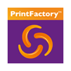 zensmart is showing PrintFactory logo featuring three orange curved shapes forming a circular design on a purple background, with "PrintFactory" written in white on an orange banner at the top—ideal for dtf production automation software branding. with print workflow automation