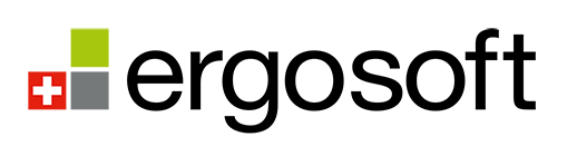 zensmart is showing Ergosoft logo with a Swiss flag icon, two green and gray squares forming an "e" shape, followed by "ergosoft" in bold black letters on a light background—representing advanced DTF production automation software. with print workflow automation