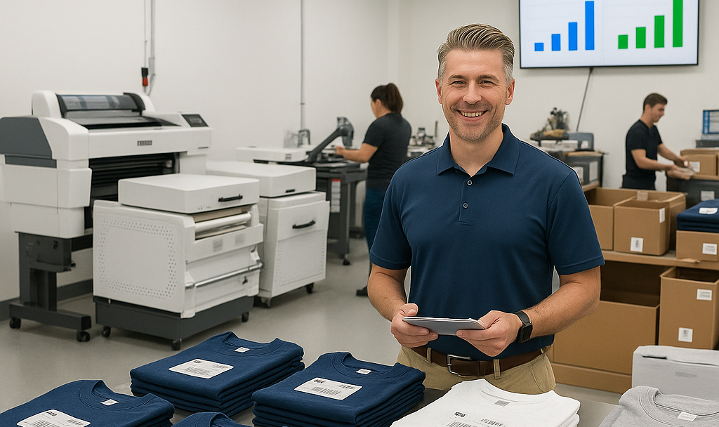 zensmart is showing A man in a navy polo shirt stands smiling with a tablet in a print shop, surrounded by neatly folded shirts. Two coworkers work in the background, while a graph tracking dtf production automation software is displayed on the wall screen. with print workflow automation
