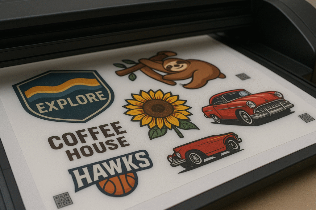 zensmart is showing A sheet with colorful stickers under a printer, featuring a sloth, sunflower, red cars, "EXPLORE" badge, "COFFEE HOUSE" text, and a "HAWKS" basketball logo. with print workflow automation