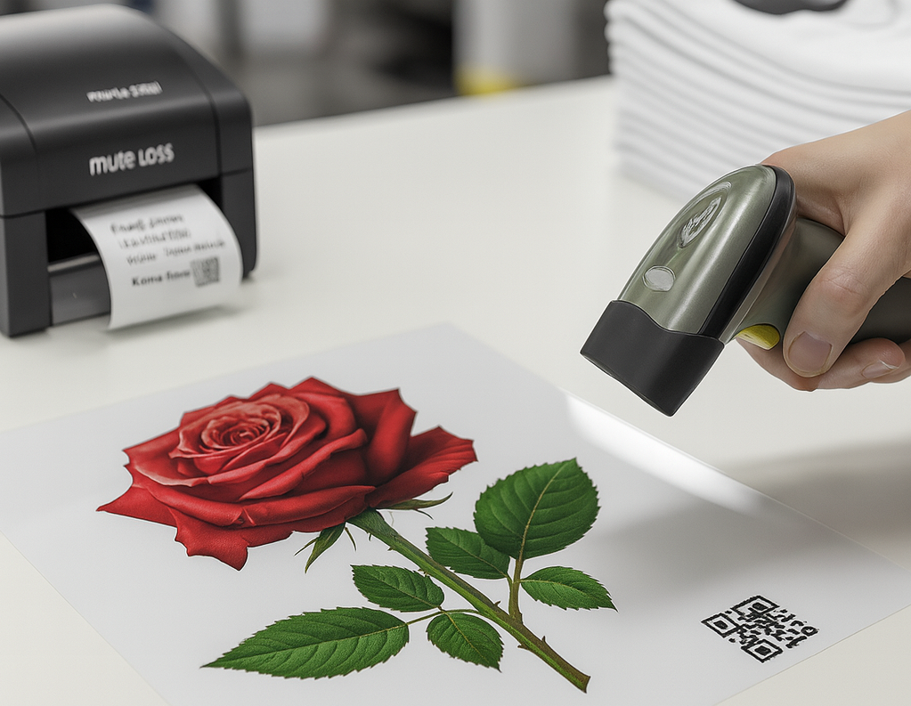 zensmart is showing A hand holds a barcode scanner over a printed image of a red rose with leaves and a visible QR code; dtf production automation software streamlines the process, with a label printer and printed label in the background. with print workflow automation