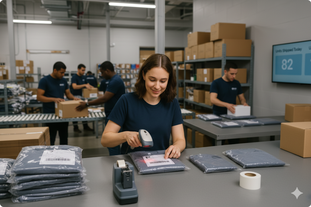 zensmart is showing A woman scans shipping labels on packages in a warehouse utilizing dtf production automation software, while other workers pack boxes in the background. Shelves with boxes and a screen displaying units shipped are visible. with print workflow automation