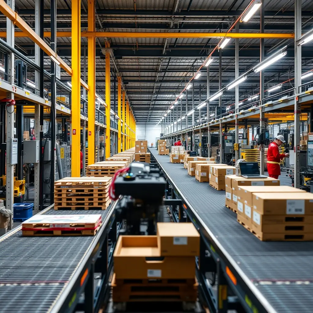 zensmart is showing A modern warehouse showcasing visible production, with conveyor belts transporting cardboard boxes, tall shelves, and workers in red uniforms handling packages under bright overhead lighting. with print workflow automation