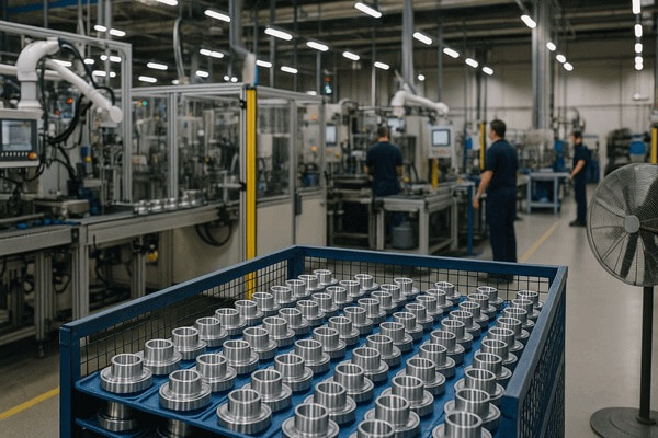 zensmart is showing A factory floor with workers operating machinery in the background and a blue cart holding rows of metal components in the foreground, offering clear visibility into an organized and industrial environment. with print workflow automation