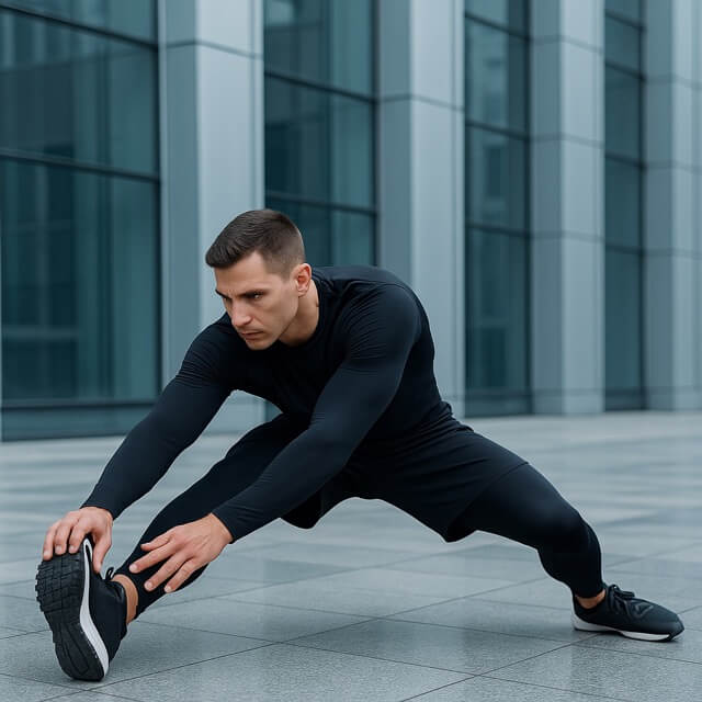 zensmart is showing A man in black athletic wear stretches outdoors on a tiled surface, extending one leg to the side and reaching for his foot with both hands, showcasing flexibility in front of a modern glass building—reminiscent of a smart factory’s dynamic environment. with print workflow automation