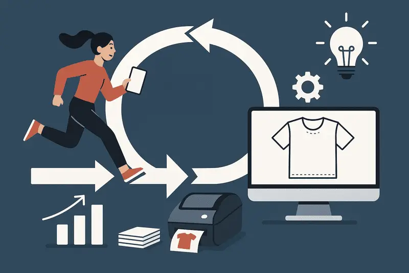 zensmart is showing Illustration of a woman running with a phone next to a flow chart showing the agile t-shirt design process, including a computer, printer, bar graph, gears, lightbulb, and stacks of paper—highlighting business agility and innovation. with print workflow automation