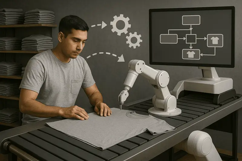 zensmart is showing A man sits at a conveyor belt with folded shirts, next to a robotic arm and a monitor displaying gears and workflow diagrams, highlighting how apparel factories implement workflow automation in clothing production. with print workflow automation