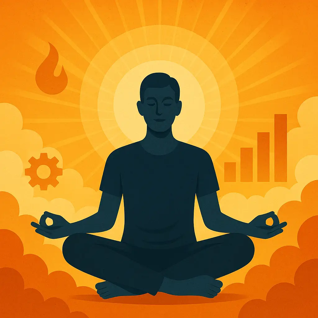 zensmart is showing A person sits cross-legged in a meditative pose against an orange background with sun rays, clouds, and icons of a flame, gear, and rising bar chart, symbolizing being aware, reactive, and focused on mindfulness and self-improvement. with print workflow automation