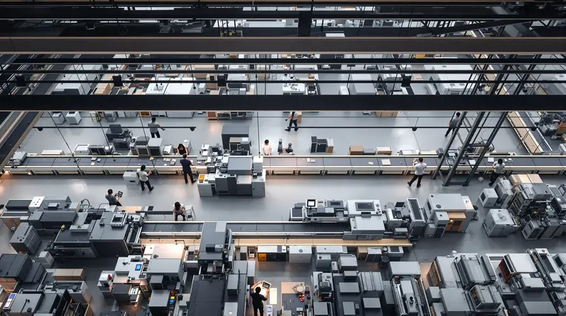zensmart is showing A large, modern factory floor with workers operating various machines and print on demand equipment. The space is organized, with different workstations and rows of industrial machinery, achieving Zen-like efficiency when viewed from above. with print workflow automation