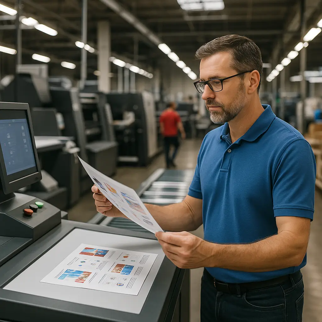zensmart is showing A man in a blue polo shirt examines printed sheets at a large industrial printer in a print on demand factory, with machinery and another worker visible in the background. with print workflow automation