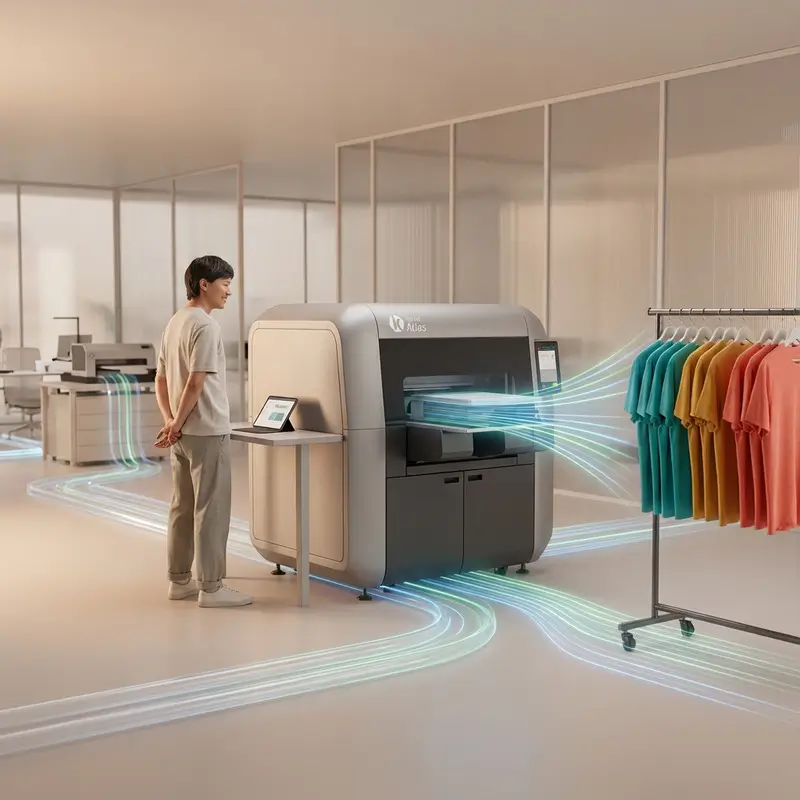 zensmart is showing A person stands in front of a modern machine connected to a rack of colorful T-shirts, with digital lines showing data or energy flow between the device and shirts—a clean, bright workspace showcases next-level Kornit efficiency. with print workflow automation