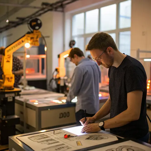 zensmart is showing Two men work in a robotics lab; one draws technical diagrams on a lit workspace while the other uses a computer. Robotic arms and equipment are visible, highlighting how Reverse Automation brings business advantage in this modern, well-lit environment. with print workflow automation