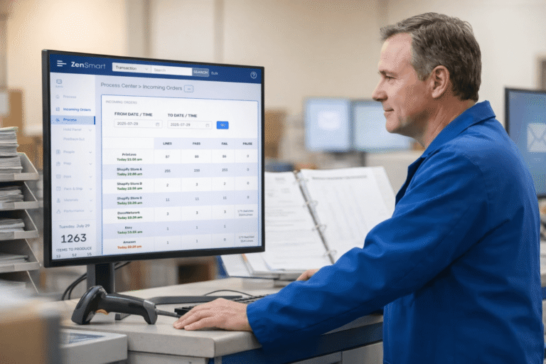 zensmart is showing A man in a blue lab coat works at a computer in an office or warehouse, using an order management system to Calm the Chaos of incoming orders. A barcode scanner and papers are neatly arranged on the desk nearby. with print workflow automation