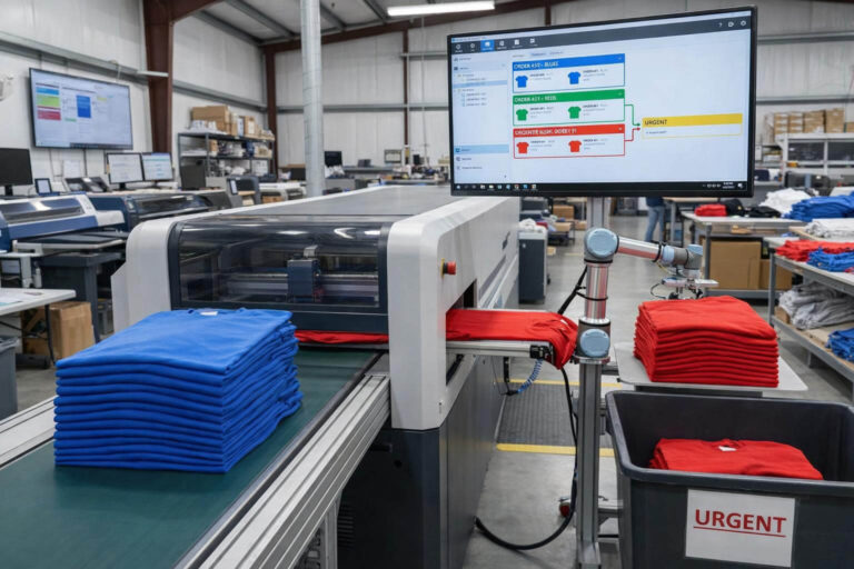 zensmart is showing Stacks of blue and red t-shirts move along a conveyor belt in a factory. A large monitor displays order info above the shirts, while “URGENT” bins and industrial equipment help Calm the Chaos in this busy workspace. with print workflow automation