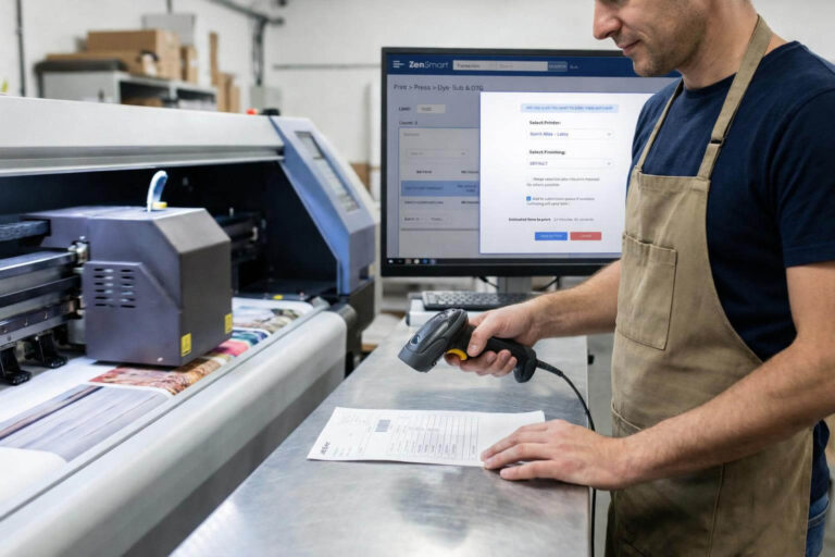 zensmart is showing A person wearing an apron scans a document with a barcode scanner in front of a large printer and a computer monitor displaying printing software, showcasing how to Calm the Chaos in busy workspaces. with print workflow automation