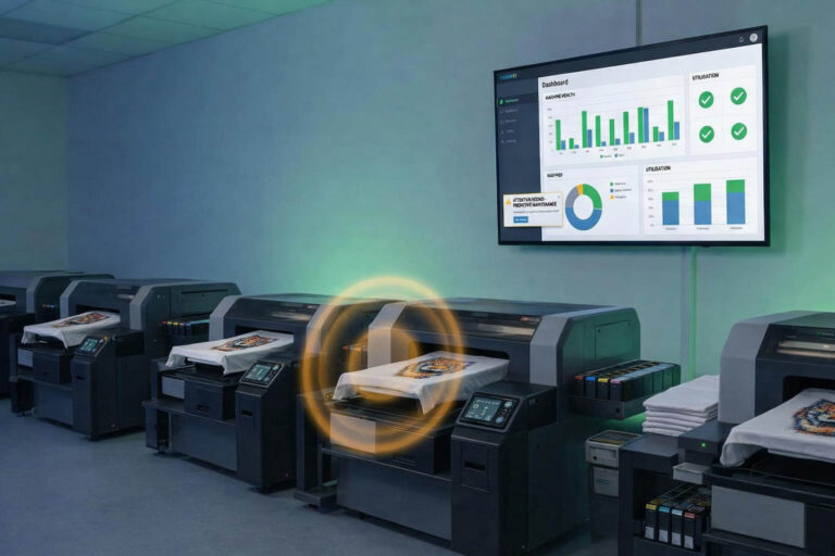 zensmart is showing A row of digital printing machines prints colorful designs on T-shirts in a modern, well-lit room. A large screen on the wall helps Calm the Chaos by displaying graphs, charts, and data dashboards about the printing process. with print workflow automation