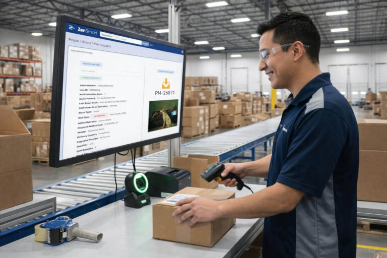 zensmart is showing A man wearing safety glasses scans a package at a workstation in a warehouse, looking at a large computer monitor displaying shipping information as he works to Calm the Chaos. Boxes and shelves fill the background. with print workflow automation