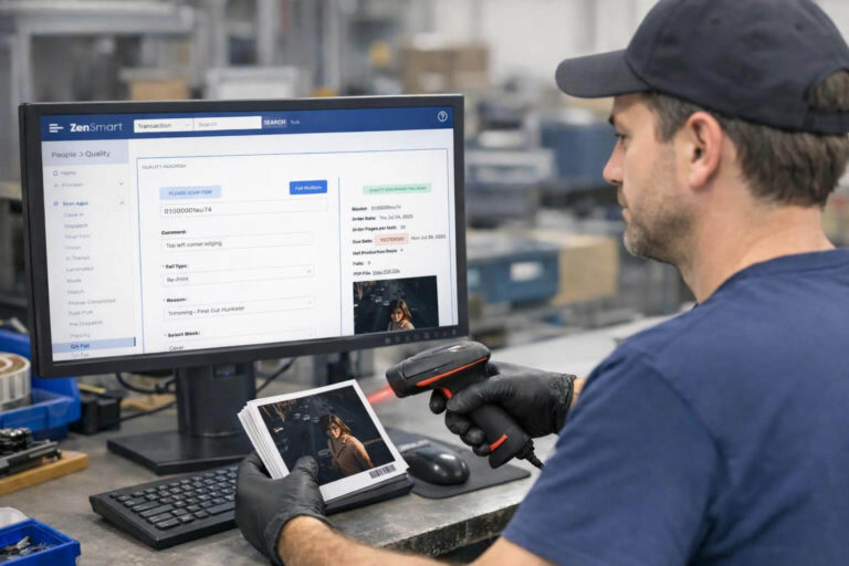 zensmart is showing A worker wearing gloves scans a photograph with a barcode scanner in front of a computer displaying order shipment details, helping to Calm the Chaos in a busy warehouse or office setting. with print workflow automation