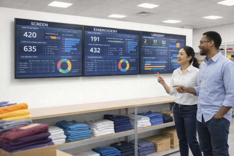 zensmart is showing Two people stand in a modern workspace with folded clothes on shelves, calmly reviewing large wall monitors displaying detailed production and workflow statistics to help Calm the Chaos of screen printing, embroidery, and urgent tasks. with print workflow automation
