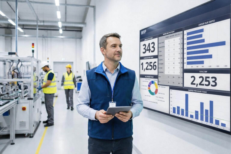 zensmart is showing A man in a blue vest holds a tablet in a modern factory, standing before large digital screens that Calm the Chaos by displaying clear charts, graphs, and production data. Two workers in safety vests and helmets operate machinery in the background. with print workflow automation