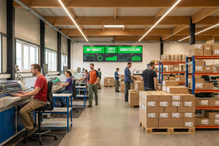 zensmart is showing Workers in a modern warehouse or factory calmly assemble items and manage boxes, using large digital screens to help Calm the Chaos. Productivity metrics and graphs are displayed as shelves stacked with boxes fill the brightly lit space. with print workflow automation