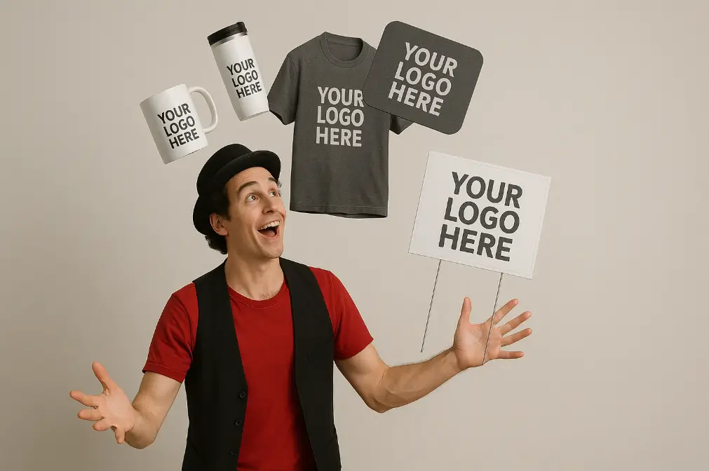 zensmart is showing A smiling man in a hat and vest juggles customizable items labeled "YOUR LOGO HERE," showcasing diversification with a mug, tumbler, T-shirt, coaster, and sign—all perfect for SODA Summer 2025—against a neutral background. with print workflow automation