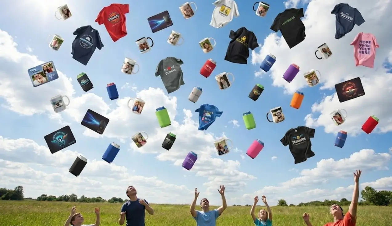 zensmart is showing A group of people standing in a field joyfully toss Print-On-Demand merch—such as t-shirts, mugs, and bottles—into the air under a bright, blue sky with scattered clouds. with print workflow automation