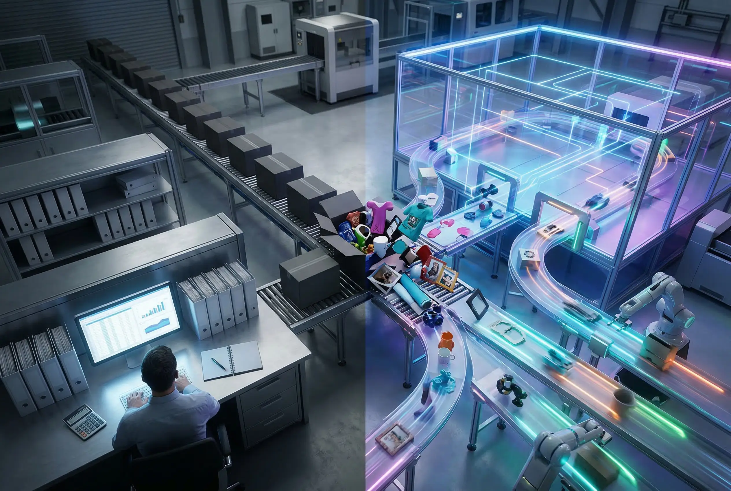 zensmart is showing A split image shows a dull, gray factory with a man managing tasks at a computer on the left, and a colorful, futuristic factory with workflow automation and robotic arms sorting vibrant toys on the right. with print workflow automation