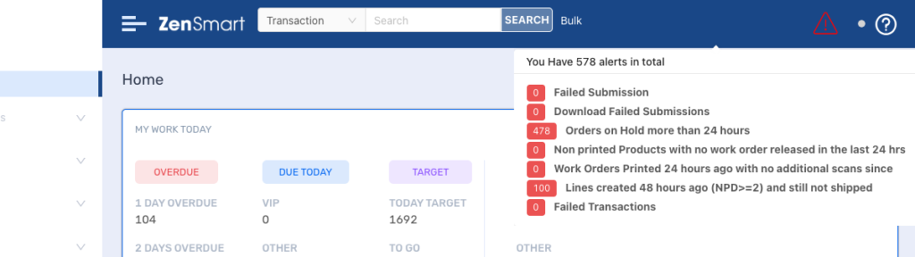 zensmart is showing Screenshot of the ZenSmart dashboard, April 2026 Edition 1, showing a notification list with 578 alerts—failed submissions, downloads, orders on hold, unprinted products, and failed transactions. See Release Notes for details. with print workflow automation