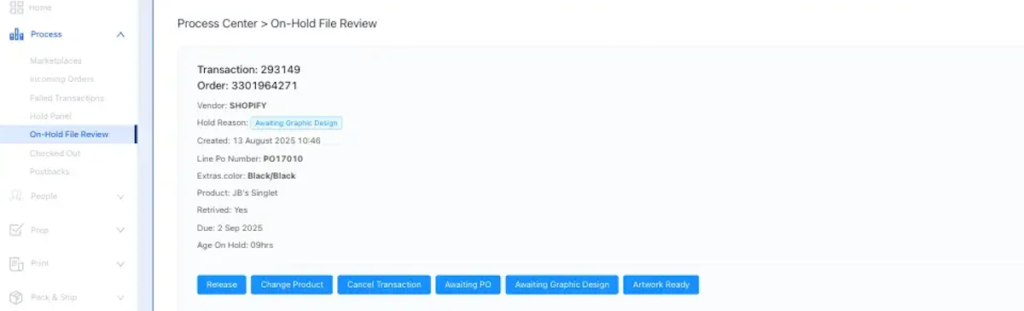 zensmart is showing Screenshot of a file review page from Edition 1, April 2026, displaying transaction details like transaction ID, vendor, release status, dates, product info, Release Notes, and several action buttons including Release and Awaiting Graphic Design. with print workflow automation