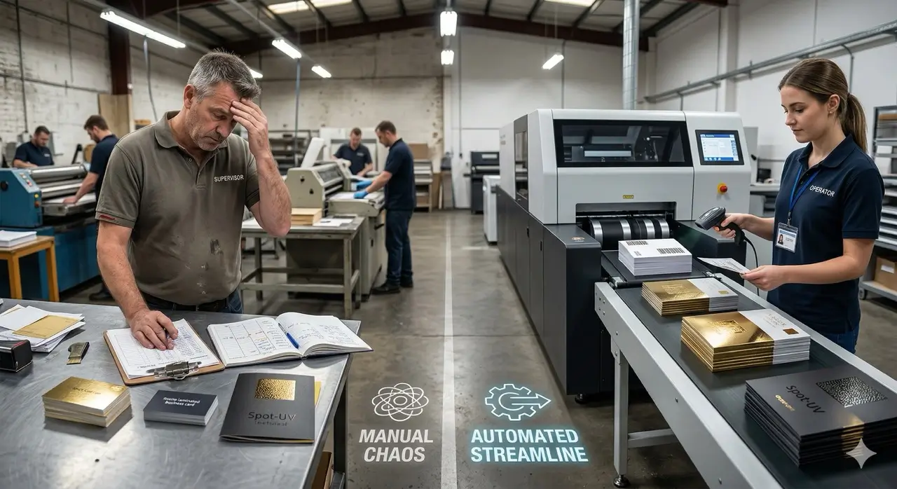 zensmart is showing In a print shop, a stressed man works manually with papers labeled "Manual Chaos," while a calm woman uses an automated machine, mastering her workflow with stacks of printed materials labeled "Automated Streamline. with print workflow automation