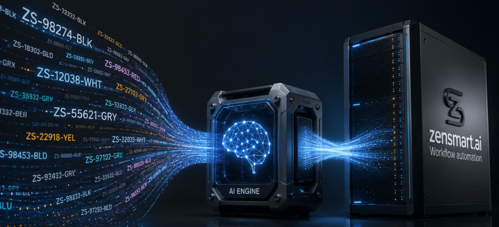 zensmart is showing A digital illustration shows a futuristic AI engine cube with a glowing brain icon connected to a server labeled “zensmart.ai Workflow automation”. Colorful data streams flow between them, highlighting advanced AI data processing for April 2026 Release Notes, Edition 1. with print workflow automation