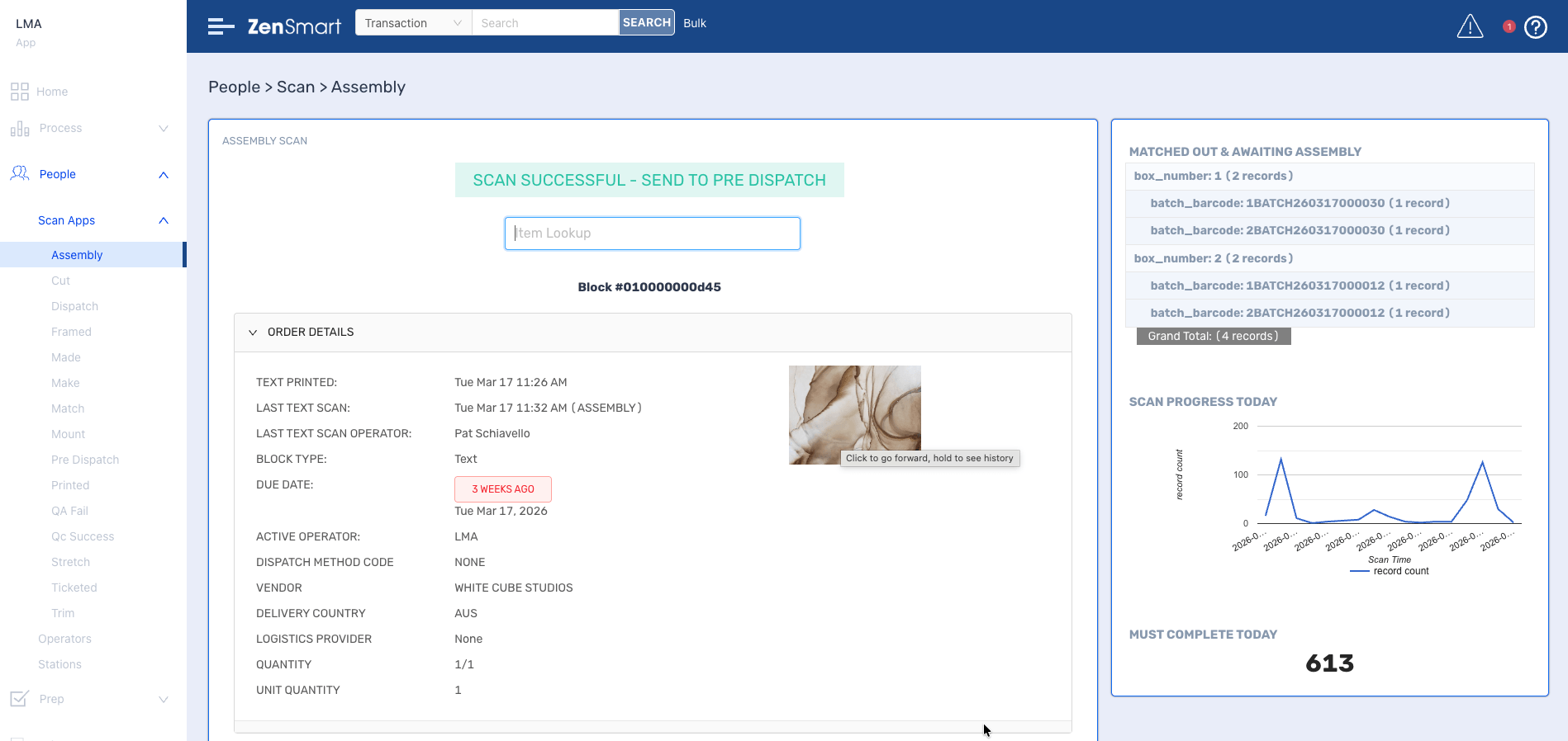 zensmart is showing A dashboard for ZenSmart shows order details for "Assembly," including order status, key dates, item image, progress graph, and matching barcodes—now updated in Release Notes: May 2026, Edition 1—with a scan confirmation message at the top. with print workflow automation