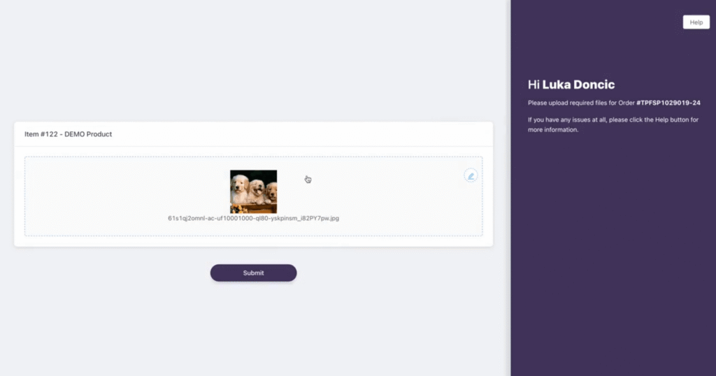 zensmart is showing A computer screen shows a product upload page with a preview of an image featuring two puppies. The sidebar greets the user Luka Doncic, and there is a purple "Submit" button below the image for Edition 1 Release Notes. with print workflow automation
