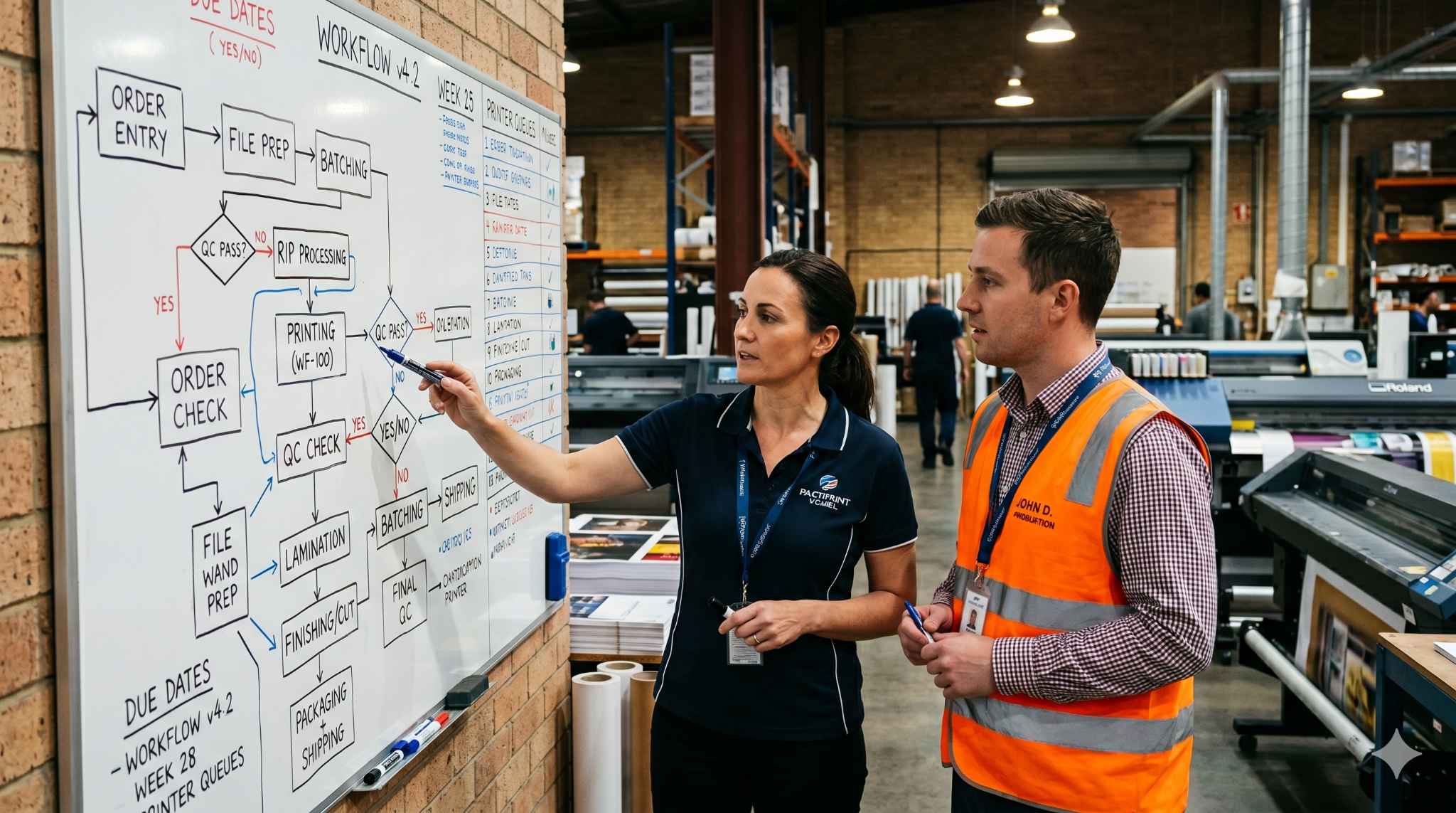 zensmart is showing Two people in work uniforms discuss a detailed workflow chart on a whiteboard in a print shop. The woman points out how the automation platform streamlines tasks, while the man in a safety vest listens. Large printers are in the background. with print workflow automation