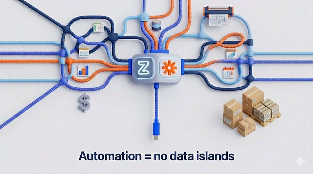 zensmart is showing Illustration of connected cables from various icons like charts, calendars, and packages, merging into an automation hub. Text below reads: "Automation = no data islands—streamlined systems for seamless print on demand workflows. with print workflow automation