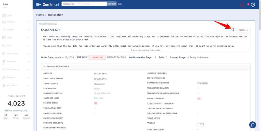 zensmart is showing A web dashboard for ZenSmart displays a transaction page from Edition 3. An arrow points to the “Actions” button in the upper right. Transaction details, summary, and statistics are visible in tabular form below. with print workflow automation