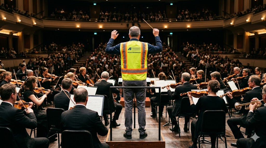 zensmart is showing A conductor in a high-visibility construction vest leads an orchestra on a production stage in a large concert hall, captivating the attentive audience with harmonious precision and unity. with print workflow automation