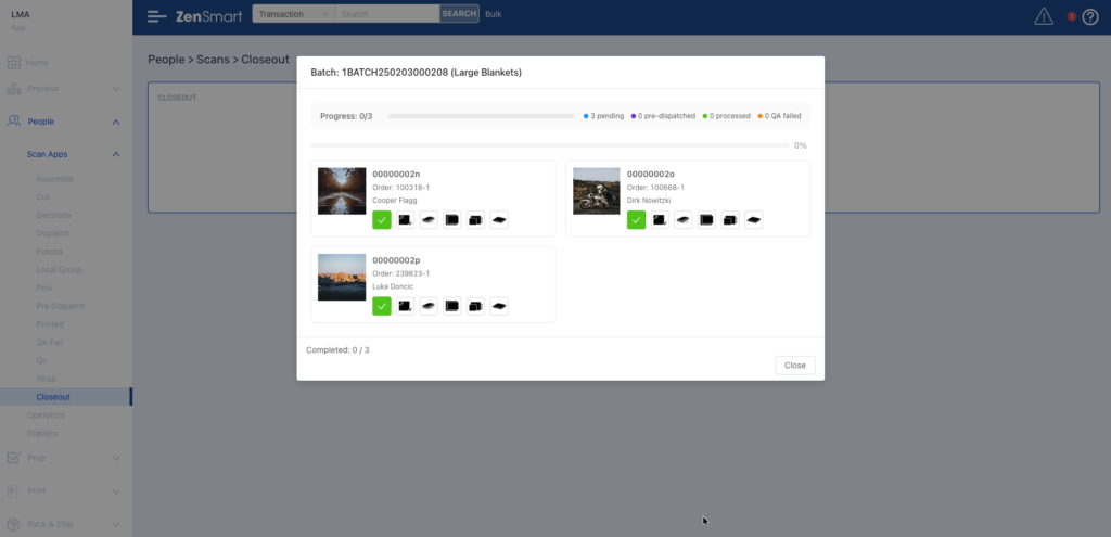 zensmart is showing A web application screen shows a pop-up titled “Batch: T047DC250328000026 [Large Blankets]” with photo thumbnails, status indicators, and progress bars for scanned items, plus a sidebar menu on the left. Release Notes Edition 3, June 2026. with print workflow automation