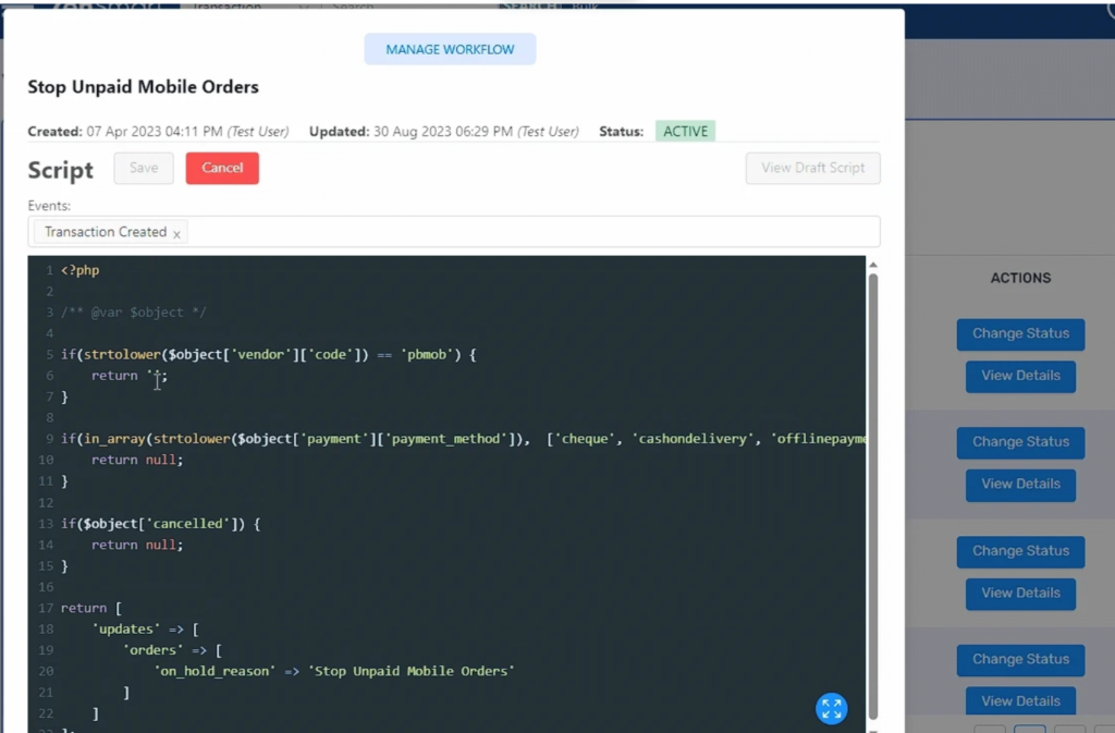zensmart is showing A computer screen displays a code editor with PHP script for "Stop Unpaid Mobile Orders." The script checks payment methods and order status. Workflow management options and status update buttons, referencing June 2026 Release Notes, are visible on the right. with print workflow automation