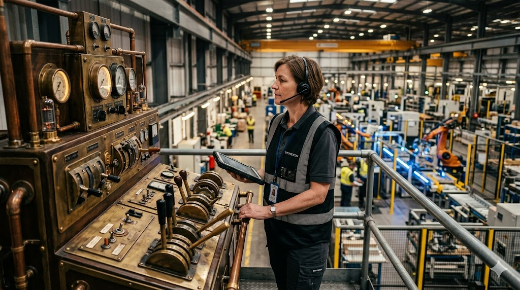 zensmart is showing A woman wearing a headset and safety vest operates a large, vintage control panel in a busy, modern factory filled with industrial machines and workers, showcasing agility in manufacturing. with print workflow automation